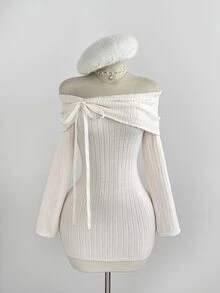 Elamini Women's Autumn/Winter Off-Shoulder Cinched Waist Bow Decor Sweet Cute Exquisite Versatile Atmosphere Long Sleeve Knit Dress - Baby Pink - View 1