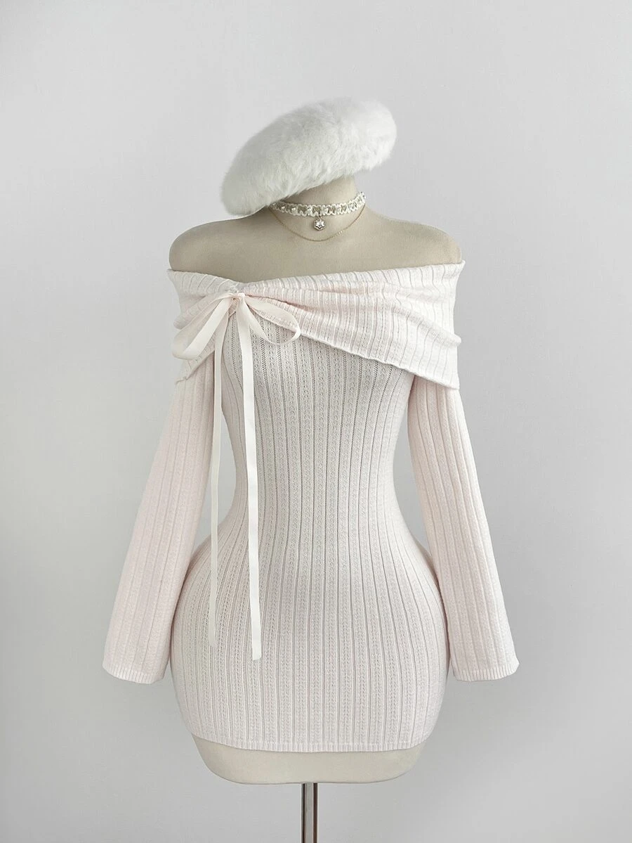 Elamini Women's Autumn/Winter Off-Shoulder Cinched Waist Bow Decor Sweet Cute Exquisite Versatile Atmosphere Long Sleeve Knit Dress - Baby Pink - View 1