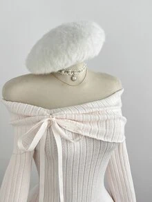 Elamini Women's Autumn/Winter Off-Shoulder Cinched Waist Bow Decor Sweet Cute Exquisite Versatile Atmosphere Long Sleeve Knit Dress - Baby Pink - View 4