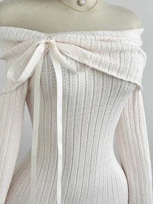 Elamini Women's Autumn/Winter Off-Shoulder Cinched Waist Bow Decor Sweet Cute Exquisite Versatile Atmosphere Long Sleeve Knit Dress - Baby Pink - View 6
