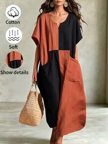 Linhara CURVE Plus Size Notch V-Neck Colorblock Loose Fit Short Sleeve Straight Dress With Pockets Vacation Black Summer Boho Casual - Multicolor - View 5