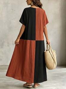 Linhara CURVE Plus Size Notch V-Neck Colorblock Loose Fit Short Sleeve Straight Dress With Pockets Vacation Black Summer Boho Casual - Multicolor - View 3