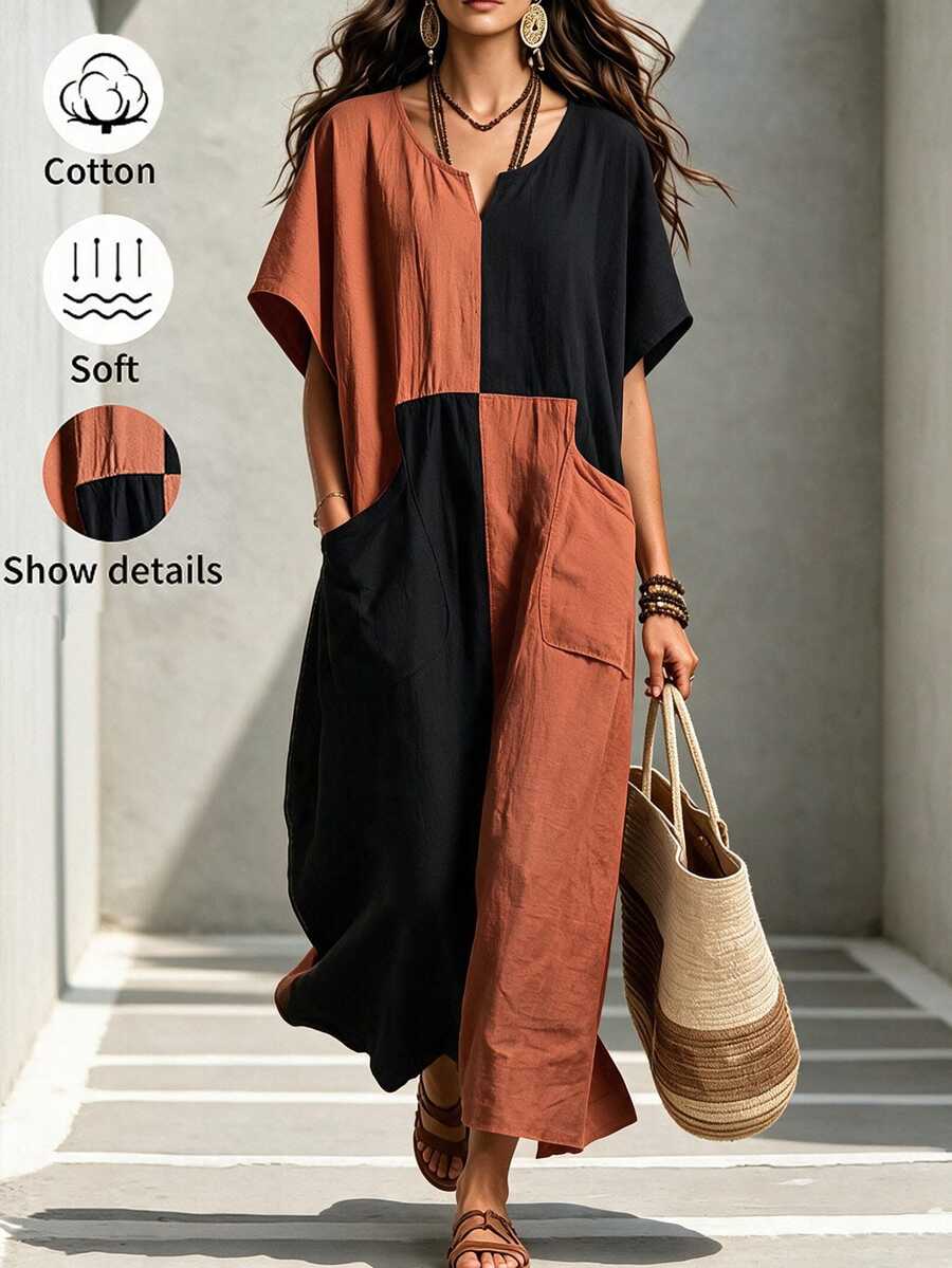 Linhara CURVE Plus Size Notch V-Neck Colorblock Loose Fit Short Sleeve Straight Dress With Pockets Vacation Black Summer Boho Casual