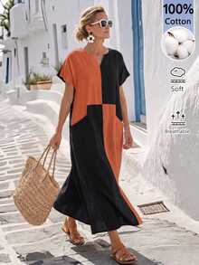 Linhara CURVE Plus Size Notch V-Neck Colorblock Loose Fit Short Sleeve Straight Dress With Pockets Vacation Black Summer Boho Casual - Multicolor - View 4