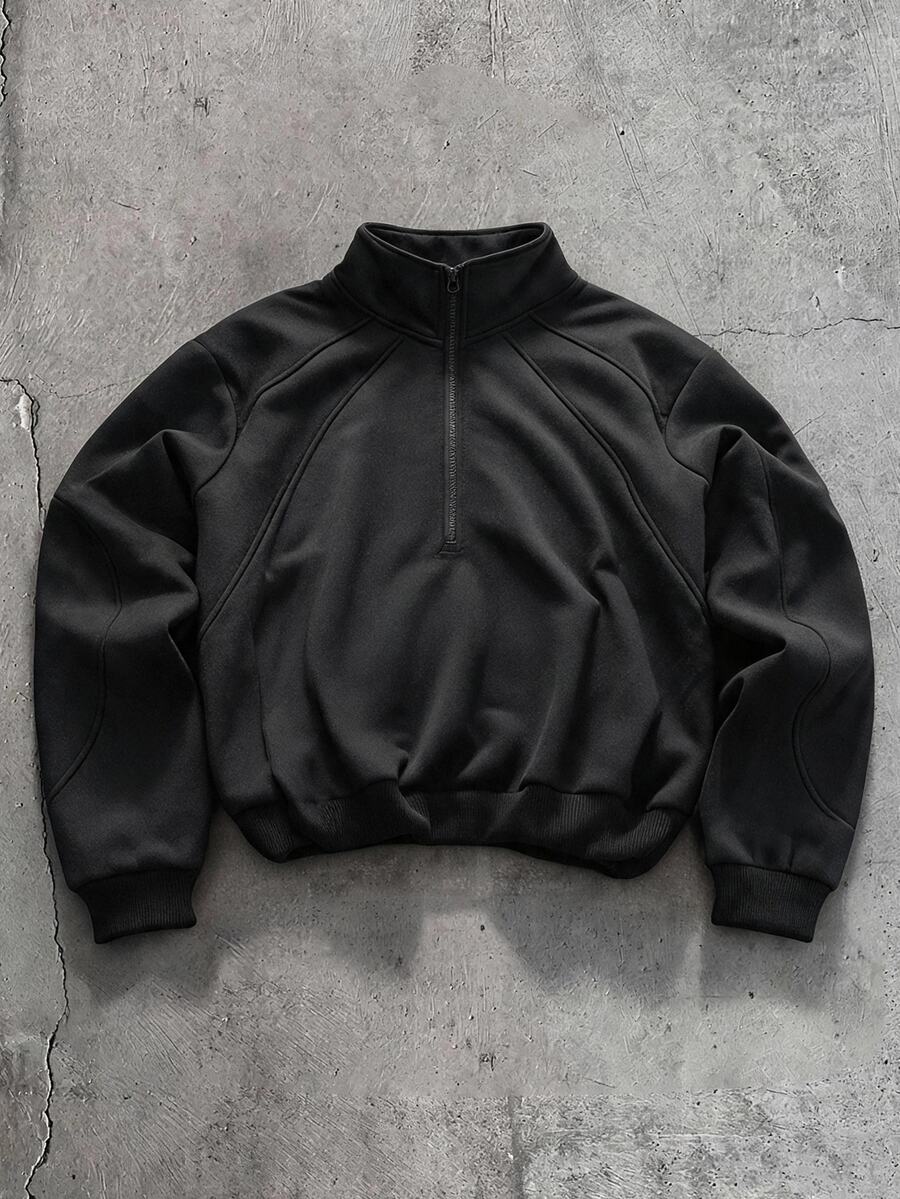 FRESIVO Men's Casual Versatile Solid Color Half-Zip Stand Collar Sweatshirt - Black - View 1