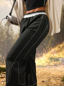 Exploreva Contrast Piping Wide Leg Outdoor Pants - Black - View 7