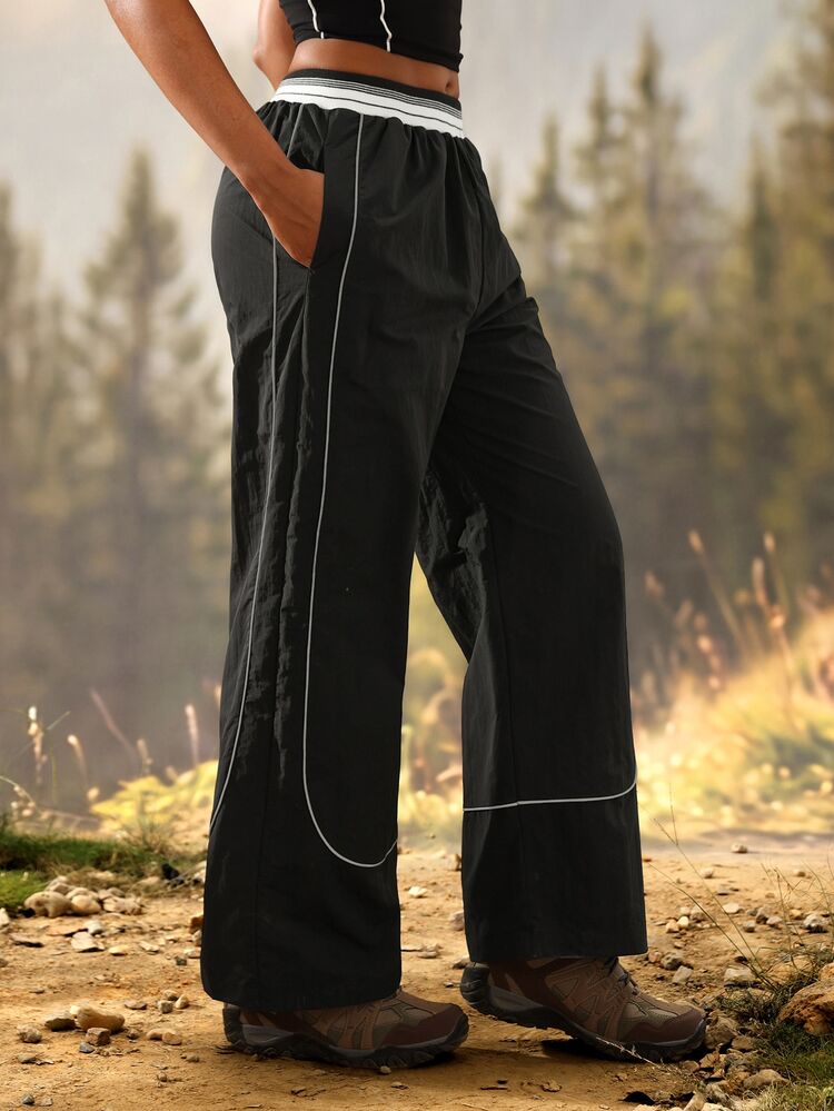 Exploreva Contrast Piping Wide Leg Outdoor Pants - Black - View 4