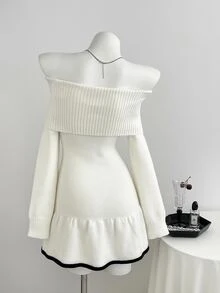 Elamini Women's Autumn/Winter Off-Shoulder Bow Decor Cable Contrast Color Frill Trim Versatile Elegant Knit Dress - White - View 2