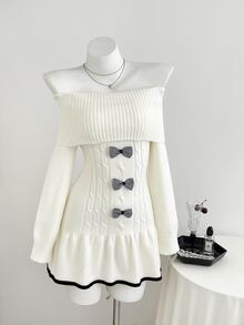 Elamini Women's Autumn/Winter Off-Shoulder Bow Decor Cable Contrast Color Frill Trim Versatile Elegant Knit Dress - White - View 1