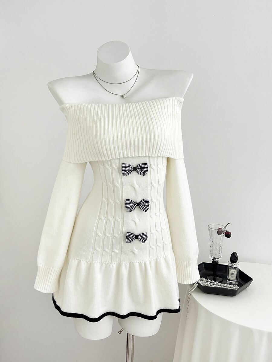 Elamini Women's Autumn/Winter Off-Shoulder Bow Decor Cable Contrast Color Frill Trim Versatile Elegant Knit Dress - White - View 1