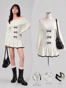 Elamini Women's Autumn/Winter Off-Shoulder Bow Decor Cable Contrast Color Frill Trim Versatile Elegant Knit Dress - White - View 3