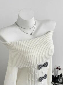 Elamini Women's Autumn/Winter Off-Shoulder Bow Decor Cable Contrast Color Frill Trim Versatile Elegant Knit Dress - White - View 7