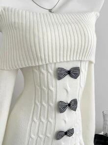Elamini Women's Autumn/Winter Off-Shoulder Bow Decor Cable Contrast Color Frill Trim Versatile Elegant Knit Dress - White - View 5