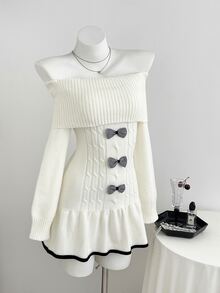 Elamini Women's Autumn/Winter Off-Shoulder Bow Decor Cable Contrast Color Frill Trim Versatile Elegant Knit Dress - White - View 6