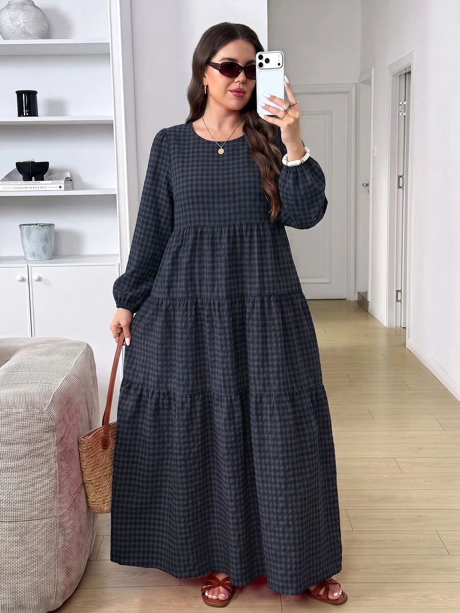 Easowa Curve Plus Size Women's Round Neck Plaid Pattern Patchwork Ruffle Hem Fashion Maxi Dress Formal Vacation Dark Green Autumn Casual Traditional - Multicolor - View 1