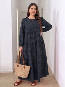 Easowa Curve Plus Size Women's Round Neck Plaid Pattern Patchwork Ruffle Hem Fashion Maxi Dress Formal Vacation Dark Green Autumn Casual Traditional - Multicolor - View 8