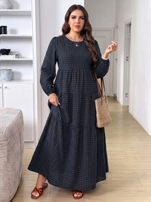 Easowa Curve Plus Size Women's Round Neck Plaid Pattern Patchwork Ruffle Hem Fashion Maxi Dress Formal Vacation Dark Green Autumn Casual Traditional - Multicolor - View 7