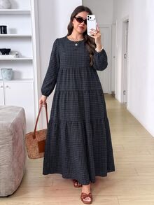 Easowa Curve Plus Size Women's Round Neck Plaid Pattern Patchwork Ruffle Hem Fashion Maxi Dress Formal Vacation Dark Green Autumn Casual Traditional - Multicolor - View 3