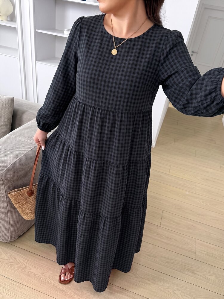 Easowa Curve 大尺碼女款圓領格紋拼接荷葉邊下擺時尚長洋裝 正式度假深綠色秋季休閒傳統風 - 彩色 - 查看 4