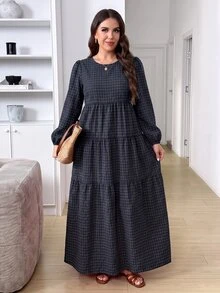 Easowa Curve Plus Size Women's Round Neck Plaid Pattern Patchwork Ruffle Hem Fashion Maxi Dress Formal Vacation Dark Green Autumn Casual Traditional - Multicolor - View 5