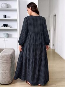 Easowa Curve Plus Size Women's Round Neck Plaid Pattern Patchwork Ruffle Hem Fashion Maxi Dress Formal Vacation Dark Green Autumn Casual Traditional - Multicolor - View 2