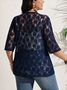 SHEIN LUNE Plus Size Women's Lace 3/4 Sleeve Solid Color Sheer Casual Lightweight Jacket Fall - Navy Blue - View 2
