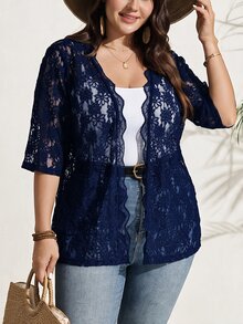 SHEIN LUNE Plus Size Women's Lace 3/4 Sleeve Solid Color Sheer Casual Lightweight Jacket Fall - Navy Blue - View 9