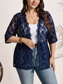 SHEIN LUNE Plus Size Women's Lace 3/4 Sleeve Solid Color Sheer Casual Lightweight Jacket Fall - Navy Blue - View 8