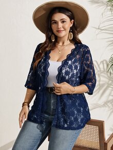SHEIN LUNE Plus Size Women's Lace 3/4 Sleeve Solid Color Sheer Casual Lightweight Jacket Fall - Navy Blue - View 3