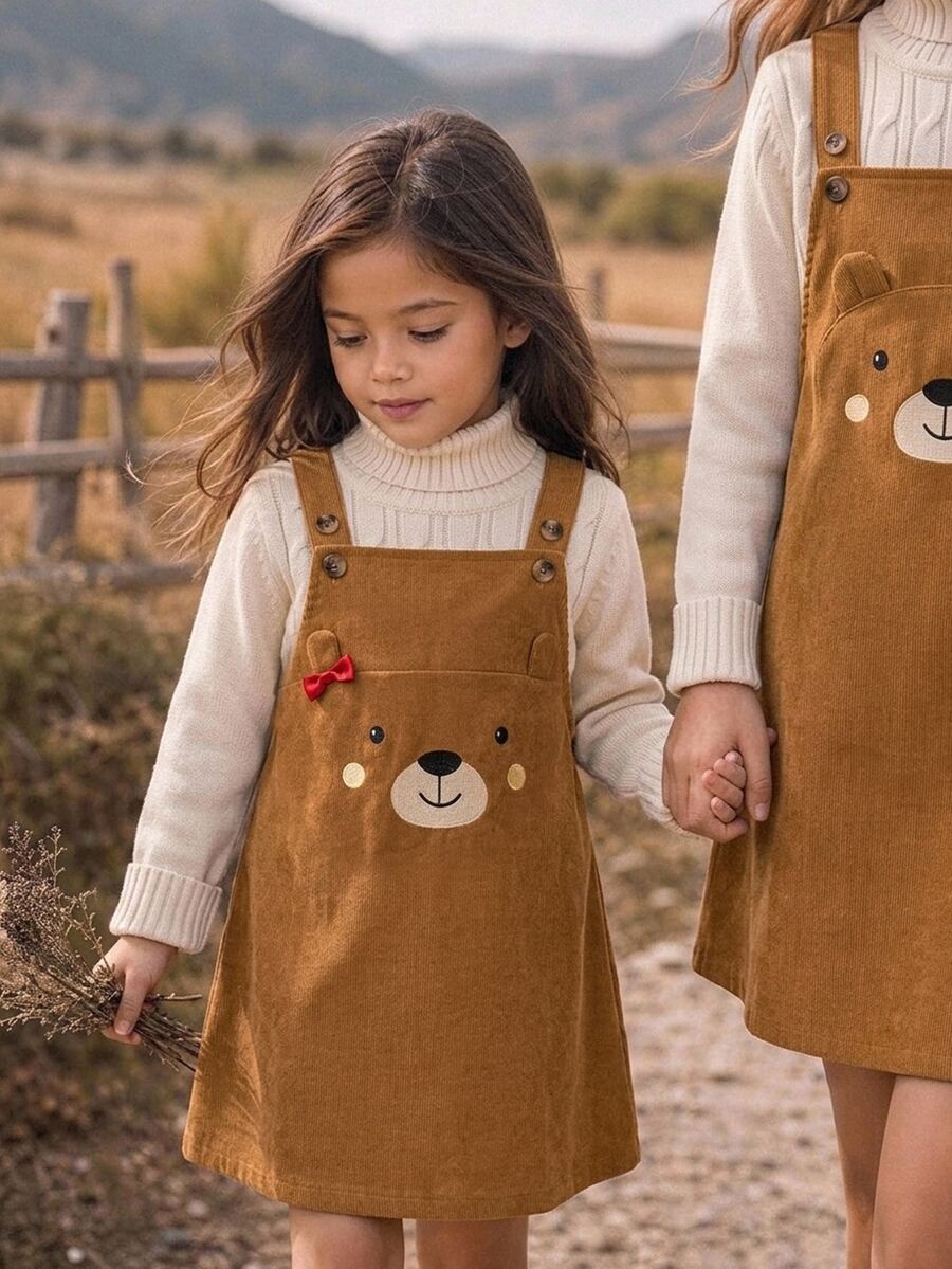 SHEIN Kids Young Girl Cartoon Bear Button Design Pinafore Dress - Multicolor - View 1