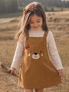 SHEIN Kids Young Girl Cartoon Bear Button Design Pinafore Dress - Multicolor - View 1