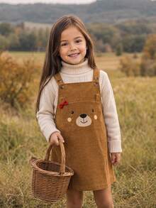 SHEIN Kids Young Girl Cartoon Bear Button Design Pinafore Dress - Multicolor - View 3