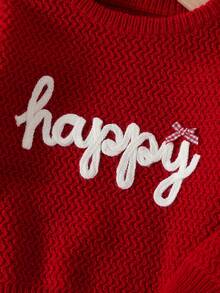 SHEIN 女童紅色手工刺繡 Happy 字樣針織毛衣，秋冬套頭衫，手工蝴蝶結，可愛優雅休閒波浪紋軟綿百搭內搭，適合玩耍、日常出遊、上學、聖誕穿著 - 紅色 - 查看 5