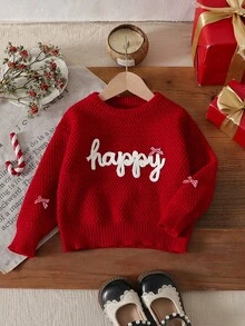 SHEIN 女童紅色手工刺繡 Happy 字樣針織毛衣，秋冬套頭衫，手工蝴蝶結，可愛優雅休閒波浪紋軟綿百搭內搭，適合玩耍、日常出遊、上學、聖誕穿著 - 紅色 - 查看 1