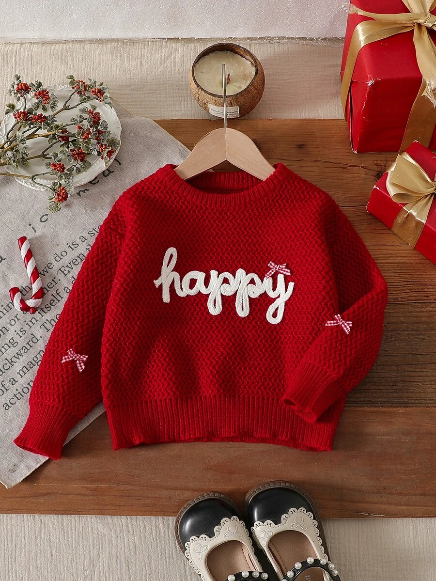 SHEIN 女童紅色手工刺繡 Happy 字樣針織毛衣,秋冬套頭衫,手工蝴蝶結,可愛優雅休閒波浪紋軟綿百搭內搭,適合玩耍、日常出遊、上學、聖誕穿著 - 紅色 - 查看 1