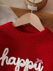 SHEIN 女童紅色手工刺繡 Happy 字樣針織毛衣，秋冬套頭衫，手工蝴蝶結，可愛優雅休閒波浪紋軟綿百搭內搭，適合玩耍、日常出遊、上學、聖誕穿著 - 紅色 - 查看 4