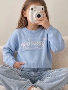 SHEIN 新款時尚百搭可愛蝴蝶結愛心字母圖案女童套頭毛衣，適合日常、外出、旅行、度假、居家、托兒及各種場合，亦適用於秋冬、聖誕節、萬聖節、開學季、派對等場合，春夏秋冬百搭女童服飾，理想穿搭選擇 - 藍色 - 查看 12