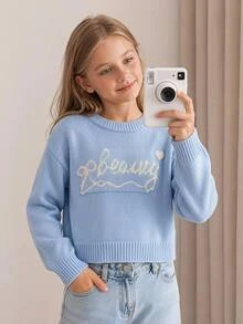 SHEIN 新款時尚百搭可愛蝴蝶結愛心字母圖案女童套頭毛衣，適合日常、外出、旅行、度假、居家、托兒及各種場合，亦適用於秋冬、聖誕節、萬聖節、開學季、派對等場合，春夏秋冬百搭女童服飾，理想穿搭選擇 - 藍色 - 查看 10
