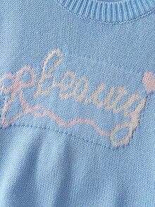 SHEIN 新款時尚百搭可愛蝴蝶結愛心字母圖案女童套頭毛衣，適合日常、外出、旅行、度假、居家、托兒及各種場合，亦適用於秋冬、聖誕節、萬聖節、開學季、派對等場合，春夏秋冬百搭女童服飾，理想穿搭選擇 - 藍色 - 查看 7
