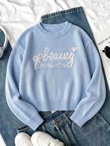 SHEIN 新款時尚百搭可愛蝴蝶結愛心字母圖案女童套頭毛衣，適合日常、外出、旅行、度假、居家、托兒及各種場合，亦適用於秋冬、聖誕節、萬聖節、開學季、派對等場合，春夏秋冬百搭女童服飾，理想穿搭選擇 - 藍色 - 查看 13
