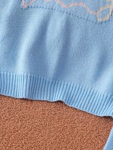SHEIN 新款時尚百搭可愛蝴蝶結愛心字母圖案女童套頭毛衣，適合日常、外出、旅行、度假、居家、托兒及各種場合，亦適用於秋冬、聖誕節、萬聖節、開學季、派對等場合，春夏秋冬百搭女童服飾，理想穿搭選擇 - 藍色 - 查看 3