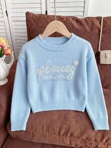 SHEIN 新款時尚百搭可愛蝴蝶結愛心字母圖案女童套頭毛衣，適合日常、外出、旅行、度假、居家、托兒及各種場合，亦適用於秋冬、聖誕節、萬聖節、開學季、派對等場合，春夏秋冬百搭女童服飾，理想穿搭選擇 - 藍色 - 查看 11