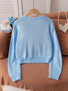 SHEIN 新款時尚百搭可愛蝴蝶結愛心字母圖案女童套頭毛衣，適合日常、外出、旅行、度假、居家、托兒及各種場合，亦適用於秋冬、聖誕節、萬聖節、開學季、派對等場合，春夏秋冬百搭女童服飾，理想穿搭選擇 - 藍色 - 查看 2