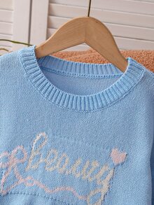 SHEIN 新款時尚百搭可愛蝴蝶結愛心字母圖案女童套頭毛衣，適合日常、外出、旅行、度假、居家、托兒及各種場合，亦適用於秋冬、聖誕節、萬聖節、開學季、派對等場合，春夏秋冬百搭女童服飾，理想穿搭選擇 - 藍色 - 查看 4