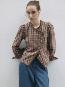 Nöista Pink And Green Plaid Knit Jacket With Mandarin Collar, Asymmetrical Button Closure And Long Sleeves. Fall, Winter, Office, Back To School, Everyday. - Green - View 3