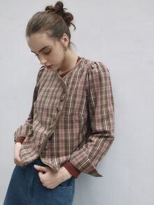 Nöista Pink And Green Plaid Knit Jacket With Mandarin Collar, Asymmetrical Button Closure And Long Sleeves. Fall, Winter, Office, Back To School, Everyday. - Green - View 2
