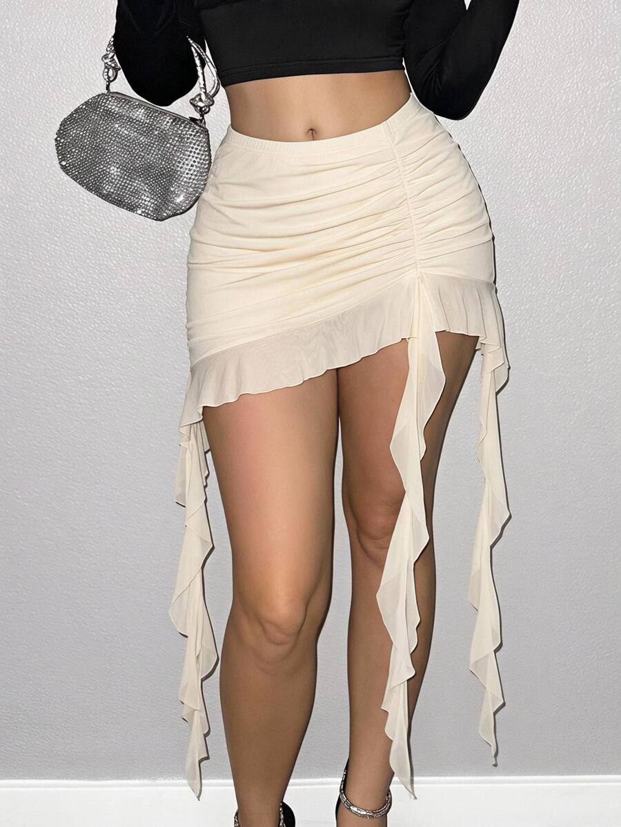 Sweetina Spring Ruched Ruffle Trim Ruffle Hem Mesh Black Skirt - Beige - View 1