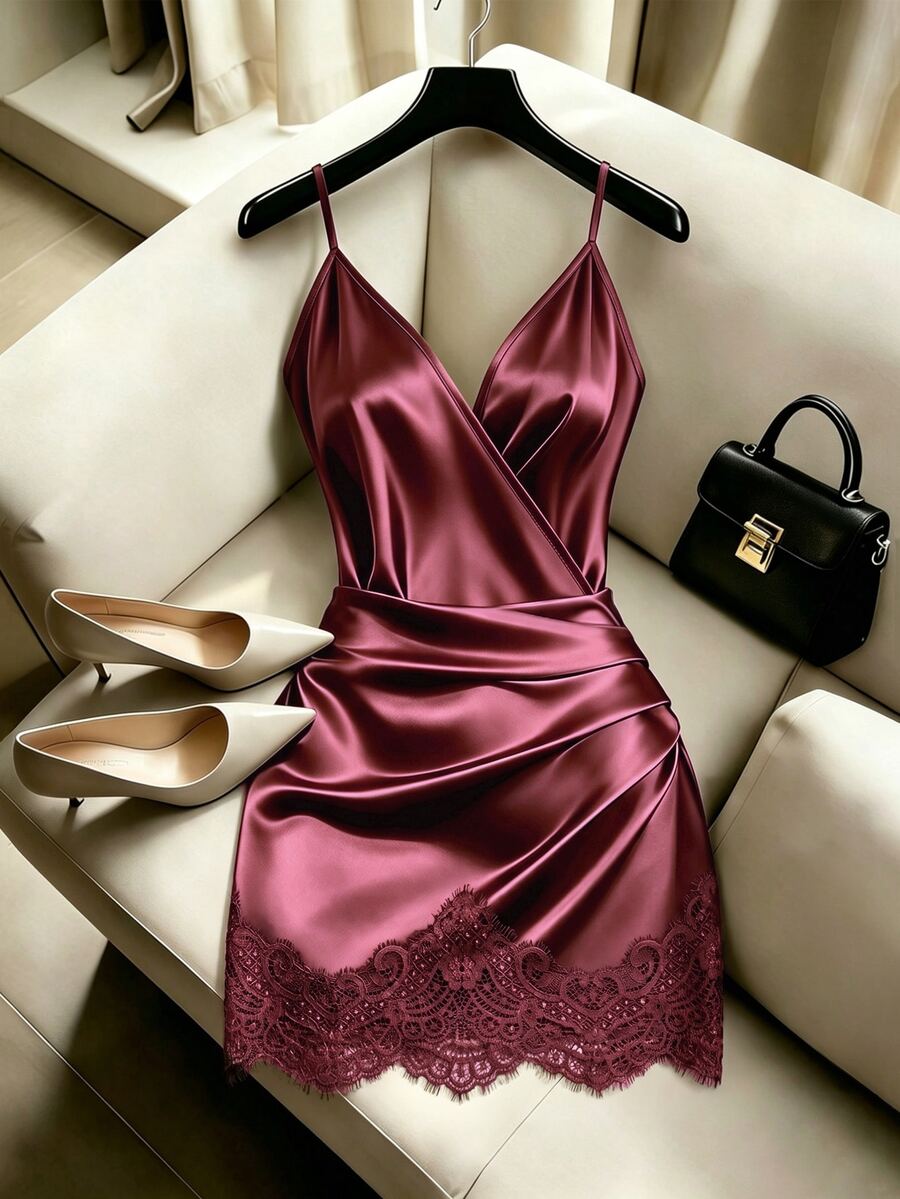 SHEIN Franclia 女款棕色收腰百褶蕾絲拼接細肩帶洋裝,度假穿搭,女性度假洋裝,優雅派對洋裝,沙灘穿著 - 酒紅色 - 查看 1