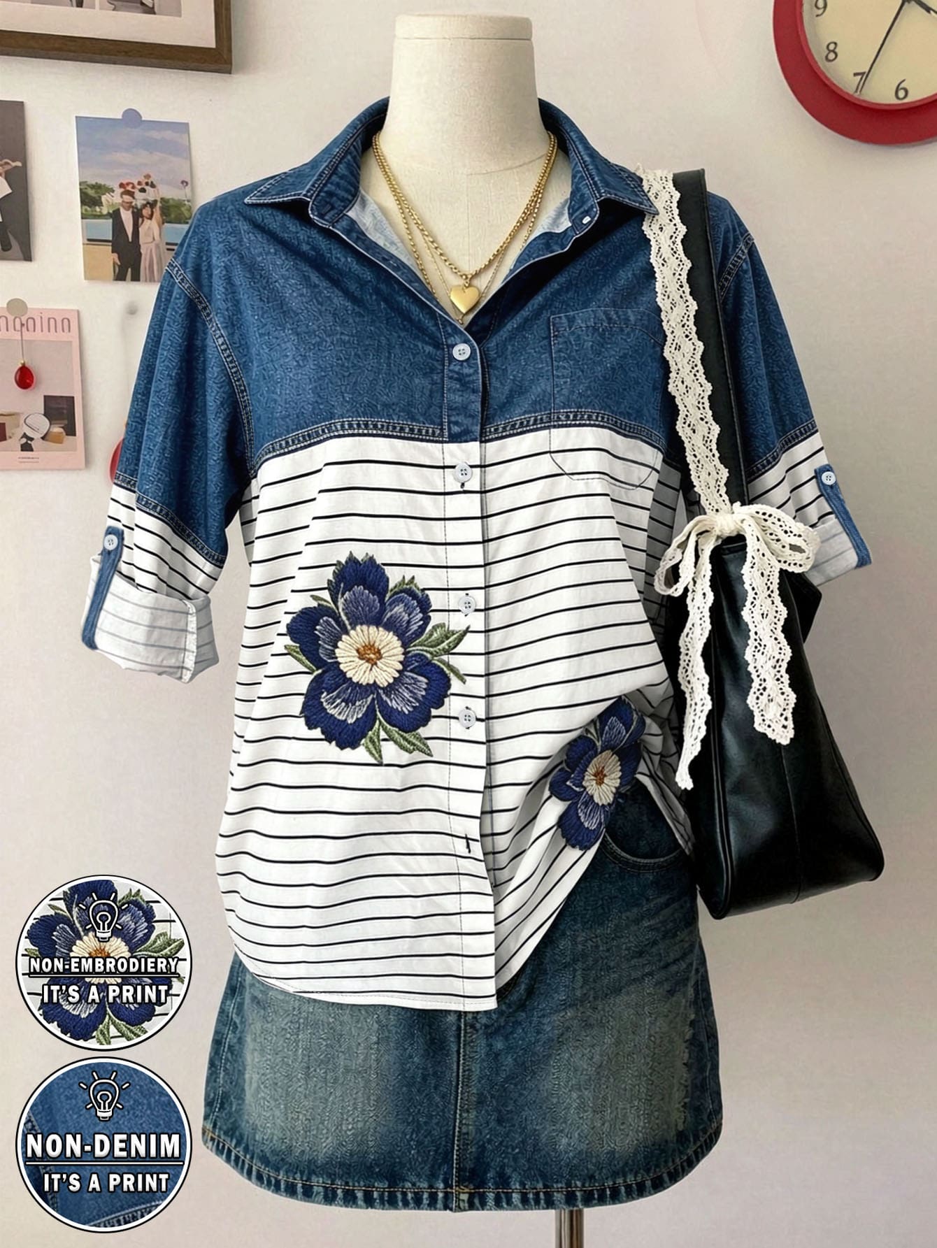 Lalippa Atasan Kemeja Wanita Motif Bunga Denim Gaya Y2K Musim Gugur dengan Desain Garis-garis, Cocok untuk Dipakai Sehari-hari dan Sepanjang Musim. - MultiWarna - View 1