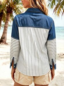 Lalippa Atasan Kemeja Wanita Motif Bunga Denim Gaya Y2K Musim Gugur dengan Desain Garis-garis, Cocok untuk Dipakai Sehari-hari dan Sepanjang Musim. - MultiWarna - View 2